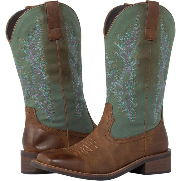 SheSole Womens Turquoise-brown Wide Calf Square Toe Western Fashion Cowgirl Boot - Picture 8 of 9